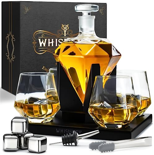 WHISISKEY Whisky Karaffe Set - Whiskey Geschenkset - Geschenke für Männer | Dekanter 1000ML, Geschenkbox, 4 Whisky Gläser, 4 Whisky Steine - Männergeschenke - Geschenk - Geburtstagsgeschenk Mann