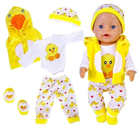 Puppenkleidung für Baby Puppen, Kleidung kompatibel mit 35-43 cm New Born Baby Puppen, Enthält Hut, Socken, lange Ärmel, Hose und Weste, niedliche gelbe Enten aus Baumwolle für Jungen und Mädchen
