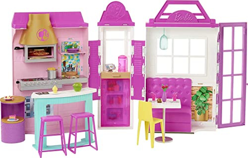 Barbie Cook 'n Grill Restaurant, 6 Spielbereiche, über 30 Teile, Licht- und Soundeffekte, Spielset klappbar, Puppe, Geschenk für Kinder, Spielzeug ab 3 Jahre, (20,3 x 87,8 x 43,7 cm)