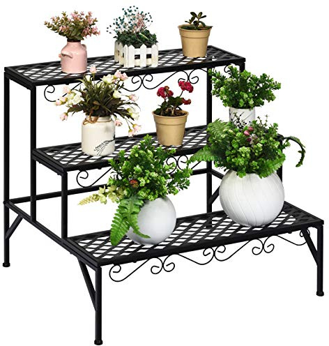 COSTWAY 3-stufige Metall Blumentreppe, Blumenregal Pflanzenständer Pflanzenregal mit rutschfesten Füßen, Pflanzentreppe Pflanzentöpfe für Garten Balkon, 70 x 21 x 60,5 cm, schwarz