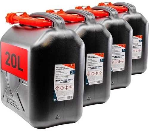 KOVA® 4x Benzinkanister 20L SCHWARZ Kunststoff Dieselkanister Reservekanister Kraftstoffkanister 20 L Liter Wasserkanister für Benzin Diesel Wasser AdBlue 20-Liter Kanister Außgießer 20 ltr