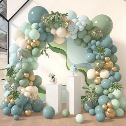 Salbeigrün Blau Luftballons Girlande Kit, 104Stück Staubig Blau Grün Luftballon Girlande Set Mit Weißer Sand Gold Metallic Luftballon für Geburtstagsparty, Abschlussfeier, Brautparty, Hochzeit Deko
