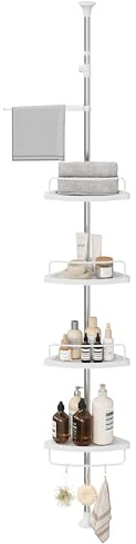 SONGMICS Duschregal höhenverstellbar, Eckregal fürs Badezimmer, Badregal, 95-300 cm, Boden bis Decke, Edelstahl, 4 Ablagen, 3 Haken, 1 Handtuchhalter, weiß-silbern BCB02SW