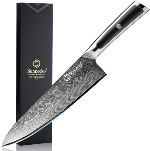 Sunnecko Damastmesser 20cm Kochmesser Küchenmesser - Scharf Messer aus Damaststahl, Damast Küchenmesser mit Ergonomischer Griff, Fleischmesser für Küche, Perfekt Geschenk