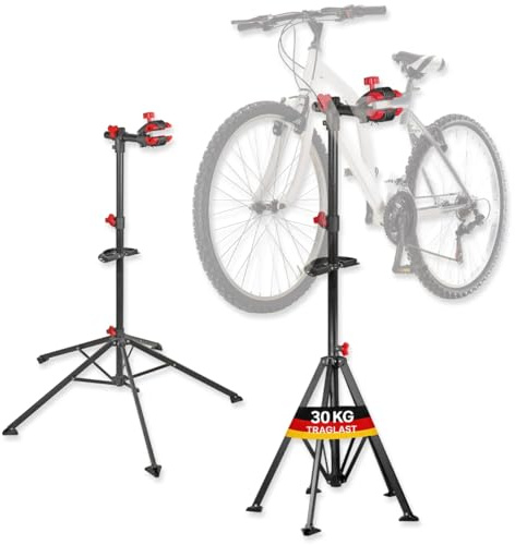 WALTER Fahrrad Reparaturständer, Montageständer, belastbar bis 30 kg, klappbar, fünfbeinig, individuell einstellbare Arbeitshöhe zwischen 108cm und 190cm, inkl. Schrauben- und Werkzeugablage