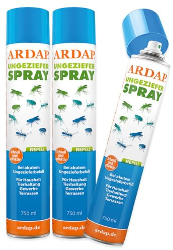 ARDAP Repell Ungezieferspray 3x750ml - Insektenspray bei akutem Ungezieferbefall - Abwehrend bei Insektenbefall - Insektenspray Wohnung - Mückenspray - Schädlingsfrei - Wirkt schnell & effektiv (PT19)