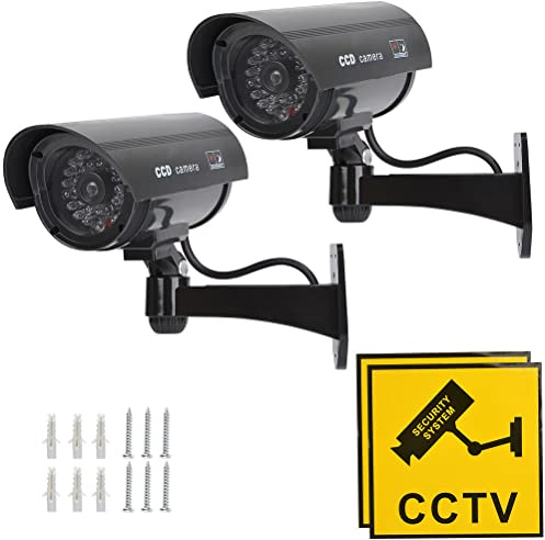 TIMESETL 2 Stück Kamera Atrappe Außen, Kamera Dummy Fake CCTV Kameraatrappe Aussenbereich, überwachungskamera Aussen Attrappe, Camera Dummy Outdoor Kameraattrappen Außen Mit Led Blinkend, Schwarz