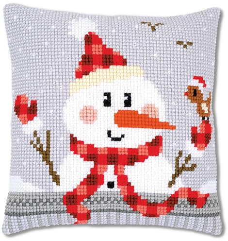 Vervaco Kreuzstich Stickpackungen Kissen Stickerei Set Anfänger Vorgedruckt Schneemann DIY Set Kreativ Set Für Erwachsene Dekoratives Kissen ca. 40 x 40 cm Bastelset Handwerker Haus Dekoration