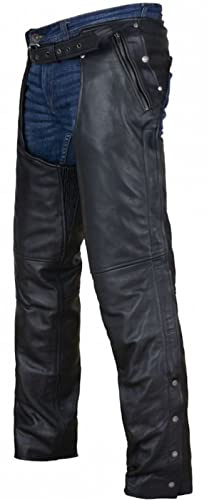 Dream Apparel Schwarze Motorrad-Leder-Chaps für Männer und Frauen, mit Reißverschluss-Futter, Cowboy-Biker-Chap-Hose mit Vier tiefen Taschen, schwarz, Small
