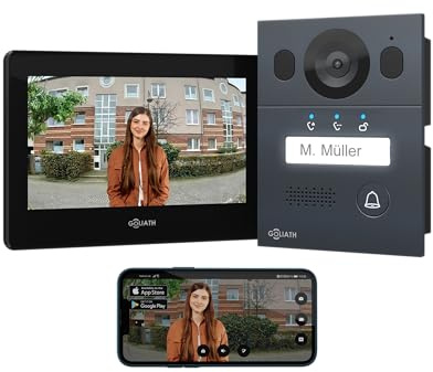 Goliath Basic Video Türsprechanlage, 2 Draht Bus, 7 Monitor, Unterputz Türklingel mit Kamera, Gegensprechanlage mit Türöffner und Klingel, 1 Familienhaus, Plug & Play, Smartphone App