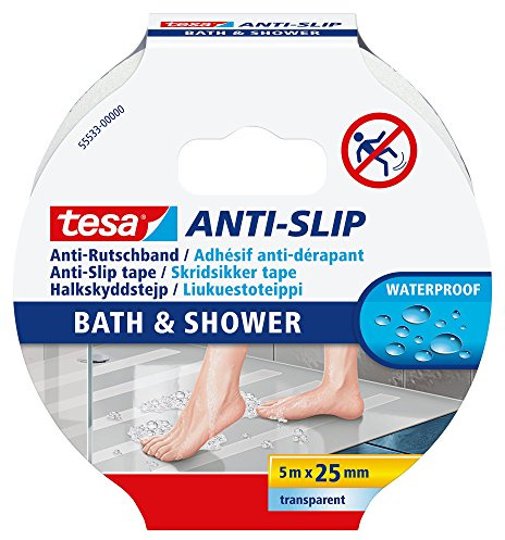 tesa Anti-Rutschband Bad und Dusche - 5 m x 25 mm - Transparent | Rutschschutzband für Badewanne und Dusche - wasserfestes Sicherheitsband mit Acrylkleber - Sturzprävention auf feuchten Böden