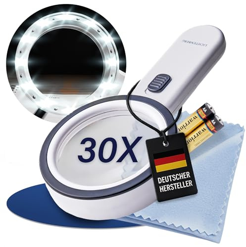LICHTENBERG Leselupe mit Licht & Batterien - Helle LED Beleuchtung für scharfes Lesen - Breiter Griff für Komfortables Halten - Klare Vergrößerung mit wenig Verzerrung an den Rändern