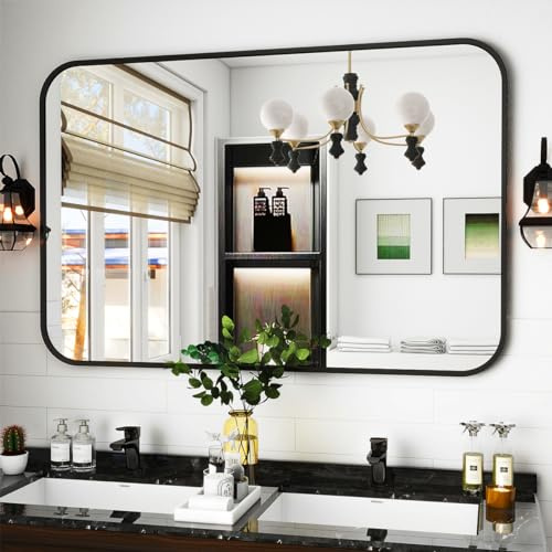 Koonmi 90x120 cm Wandspiegel schwarz, Badezimmerspiegel mit runder Ecke, Morden Spiegel Wand mit Rahmen aus Aluminiumlegierung für Wand montiert horizontal oder vertikal, Schwarz