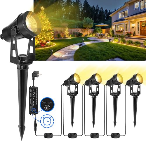 LAMPELIP Gartenbeleuchtung Mit Strom, 4er Pack/14M Gartenstrahler Led Außen Wasserdicht mit Zeitschaltuhr und Lichtsensor Funktion, 3000K Weiß 12V IP65 Strahler Außen für Gartenweg, Terrasse, Bäume