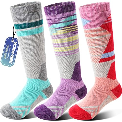 ANTSANG 3 Paar Kinder Merino Woll Skisocken für Jungen und Mädchen Thermische warme dicke Wintersocken mit Polsterung für Snowboarden und Skifahren(Lila/Rot/Grau,29-34)