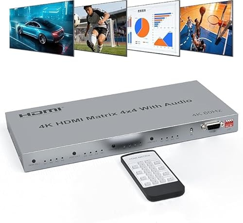 4x4 HDMI Matrix Splitter 4K@60Hz mit Audio Extraktor 4 in 4 Out Matrix Splitter Support HDCP2.2 EDID HDR 18Gbps RS232 Fernbedienung