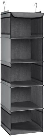BrilliantJo Hängeregal, Hängeaufbewahrung mit 5 Fächern, Hängeorganizer mit Metallhaken, Schrankorganizer Aufbewahrungssystem für Kleiderschränke Camping 30 x 30 x 108 cm Grau