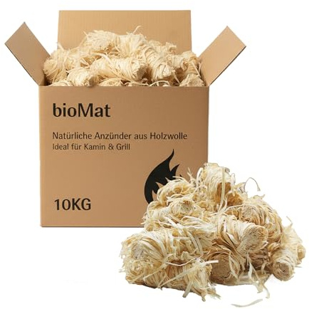 bioMat 10 kg Öko Anzünder aus Holzwolle, in Wachs getränkt, Kaminanzünder, Ofenanzünder, Grillanzünder, Anzündwolle, Made in Germany, Bio Premium-Qualität