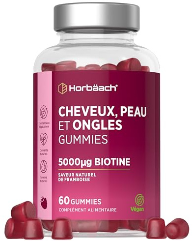 Haut Haare Nägel Gummies | 5000μg Biotin Gummibärchen mit Vitamin C, E, Jod, Vitamin A, B9, B6, B12, B5 für Haut, Haare, Nägel & Bart | 60 Haarvitamine Vegane Gummis | Vitamin B7 | Horbaach