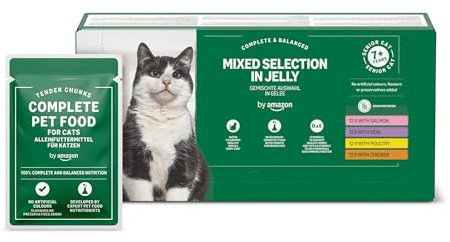 by Amazon Katzenfutter, nass, für ältere Katzen, Gemischte Auswahl in Gelee, 4.8kg (48 Beutel mit 100g)