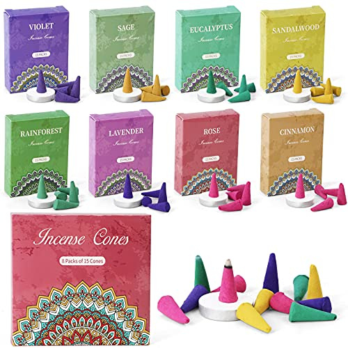 SCENTORINI Räucherkegel 120st Gemischte Düfte Räucherkerze | Mit Räucherstäbchenhalter,Rosa,Salbei,Lavendel,Veilchen,Zimt, Eukalyptus,Eukalyptus,Regenwald für Aromatherapie Luftreinigung