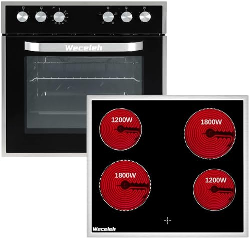 Weceleh Herd mit Keramikkochfeld & Backofen, Einbauherd Herdsets, Einbauherd Elektroherd, Backofen mit Herdplatte, Edelstahlrahmen, 60 cm, 63 Liter