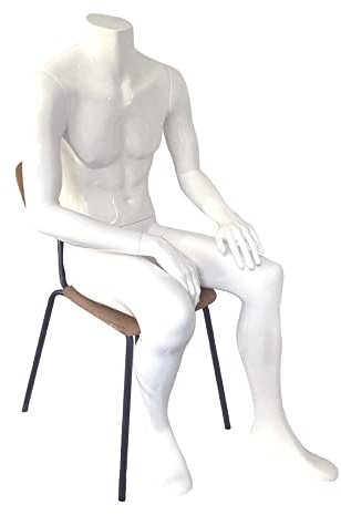 Männliche Schaufensterpuppe, männliche Schaufensterfigur, Mannequin aus Fiberglas, sitzend, ohne Kopf, Hochglanz weiß