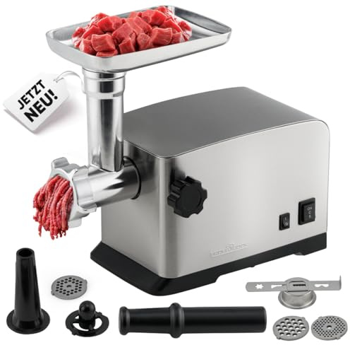 ProfiCook Fleischwolf 1200W | mit Aufsatz für Plätzchen/Spritzgebäck | Fleischwolf elektrisch | 3 Metall-Lochscheiben | Vor- und Rücklauf | inkl. Wurstfüller | Metall-Hals u. Schnecke | PC-FW 1272