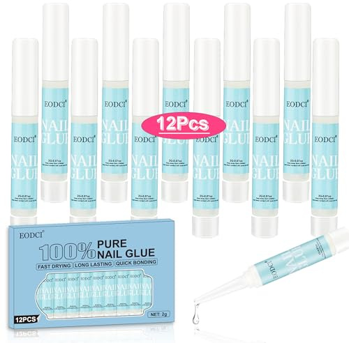 EODCI 12Pcs Super Starker Nagelkleber für Acrylnägel, Nagelspitzen, Kleber für Fingernägel, langanhaltender Nagelkleber ffür Kunstnägel, Falsche, Naturnägel,Strasssteine, Professionelle Nagelbindung