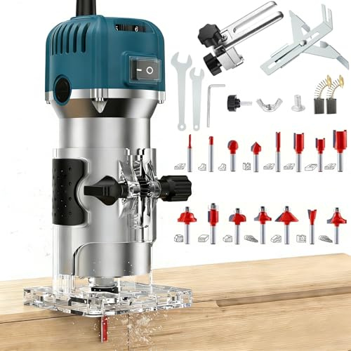 Uadme Einhandfräse 800W, 30000 U/min Holzfräse Oberfräse, 6,35mm Durchmesser, Hand Fräsmaschine mit 6 Variable Geschwindigkeite, Kantenfräse für Holz, mit 15 Stück Fräser Set