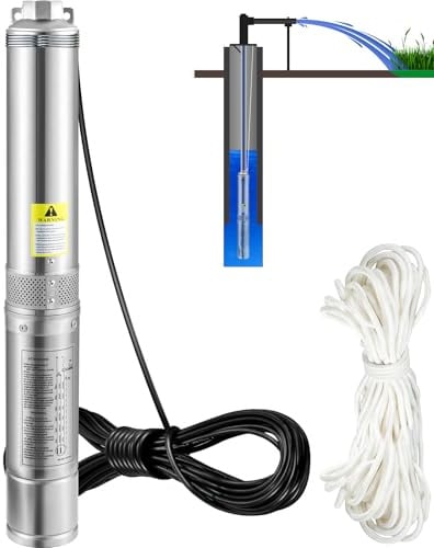 VEVOR 3, 5'' Tiefbrunnenpumpe 750W Brunnenpumpe 105L/min Tauchpumpe max. Förderhöhe 62m Rohrpumpe 230V 50Hz Sandpumpe IP68 Wasserpumpe mit 20m Kabel Pumpe Ideal zur Bewässerung, Silber