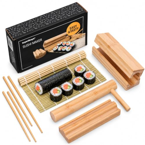 Toys4Boys Sushi Maker Set aus Bambusholz mit Anleitung und Rezepten, 6-tlg. | 100% Bambus, kein Plastik, Rollmatte 23 x 13 cm, Form 20 x 6 cm, 2 Paar Essstäbchen, 5 Rezepte per QR-Code, Geschenkbox