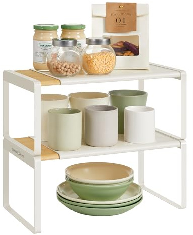 SONGMICS HOME Gewürzregal, ausziehbar, Küchen-Organizer, Küchenregal | Schrank-Organizer, Gewürzhalter, kleines Regal, Tisch-Organizer, Leichter Bambus-Cremeweiss, BYSTRO Kollektion KCS051N01