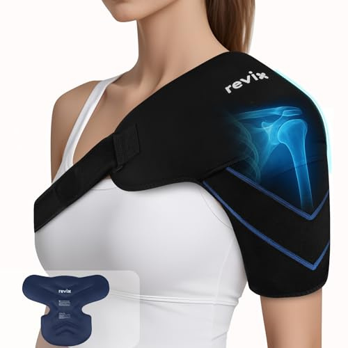 REVIX Schulter-Eisbeutel, Eisschulterbandage für Rotatorenmanschette und Arm, wiederverwendbare Gel-Kältetherapie-Wickel zur Linderung von Beschwerden und Muskelentspannung, einfach zu tragen und zu
