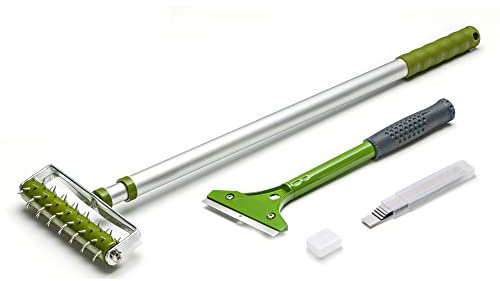 Colorus Tapetenentferner Set 3 tlg | Tapetenschaber 10 cm Bodenschaber Tapetenlöser | Stachelwalze 50 cm - 98 cm Igelwalze, Igelrolle, Tapetenigel zum Perforieren | Inklusive 10 x Ersatzklingen