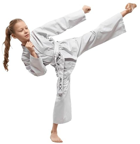 JELEX Kihaku Karateanzug Set aus Hose, Oberteil und Gürtel für Erwachsene und Kinder. Für Karate, Judo und andere Kampfsportarten (DE/NL/SE/PL, Numerisch, 110, Regular, Regular, kind weiß)