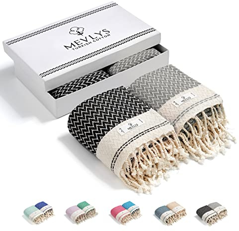 MEVLYS Saunatuch Hamamtuch [2er Pack] Strandtuch Saunahandtuch Badetuch Duschtuch Strandhandtuch Picknickdecke Yogatuch Baumwolle Extra Leicht Damen&Herren (Schwarz/Pastellgrau)