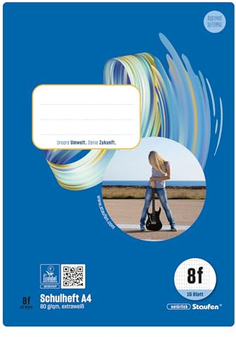 Style Schulheft - 10 Hefte à 16 Blatt DIN A4, 80 g/m², rautiert mit Rand | Lineatur 8f, hochwertiges Papier, ausgezeichnet mit dem EU Ecolabel, praktische Details