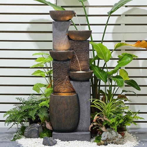 Bumilgar 130cm Großer Gartenbrunnen Springbrunnen für Außen mit LED Beleuchtung, 5-stufiger Wasserspiel Wasserfall Brunnen für Garten,Balkon,Terrasse,Grau