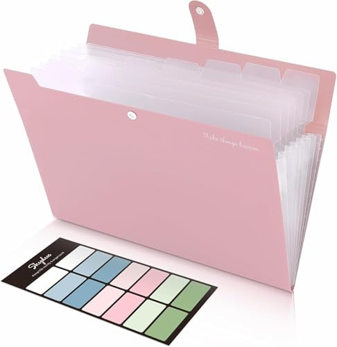 SKYDUE Dokumentenmappe A4, Mappe Mit 8 Fächern, Fächermappe A4 Mit Etiketten, Tragbar Ordnungsmappe Mappen Ordnersystem, Document Folder Für Zuhause, Büro, Schule Und Auf Reisen (Rosa)