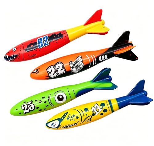 Uadme Tauchspielzeug für Kinder, 4 Stück Unterwasser Torpedo Banditen, Pool Spielzeuge für Kinder Jungen Mädchen Geschenk Sommer Schwimmen Tauchen, Buntes Schwimmspielzeug