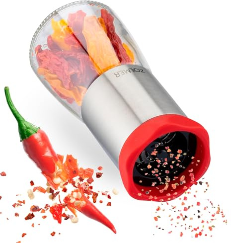 ZOLMER® Chilimühle aus Edelstahl & Glas | Gewürzschneider Schneidwerk - Chilischneider für grobe Gewürze & Chili - Gewürzmühle Kräutermühle - mit Aroma-Schutzdeckel