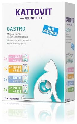 KATTOVIT - Gastro Multipack Nassfutter für Katzen | Zur Unterstützung des Magen-Darm-Systems | Diät-Alleinfuttermittel im Frischebeutel für ausgewachsene Katzen | 12 x 85g