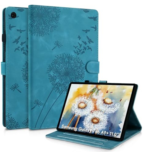 Galaxy Tab A9 Plus Hülle für Samsung Galaxy Tab A9+ Schutzhülle, PU Leder mit Standfunktion und Kartensteckplatz, Löwenzahn Design, Magnetische Schutzhülle Kompatibel mit SM-X210/X215/X216, Blau