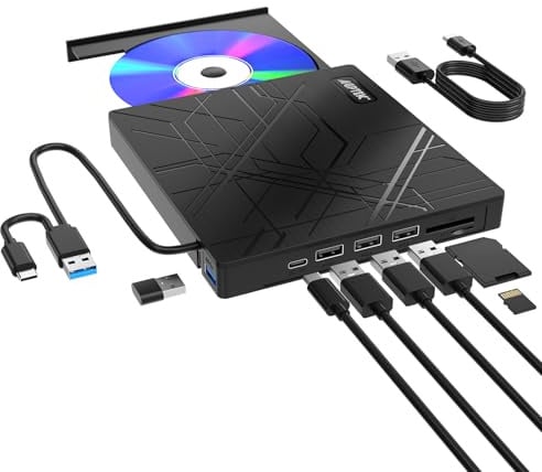 AGPTEK 8 in 1 Externes CD/DVD-Laufwerk für Laptop, USB 3.0 Ultra Slim Portable CD-Brenner mit 4 USB-Anschlüssen und 2 TF/SD-Kartensteckplätzen, kompatibel mit Laptop, Mac, PC, Windows 11/10/8/7, Linux