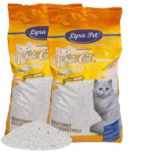 Lyra Pet® | 30 Liter White Cat Katzenstreu | Mit Babypuder Duft | Feines Klumpstreu | 350% Saugkraft | Naturprodukt aus Bentonit | Stark Klumpend | Saubere Wohnung | Neutralisiert Gerüche | Staubarm