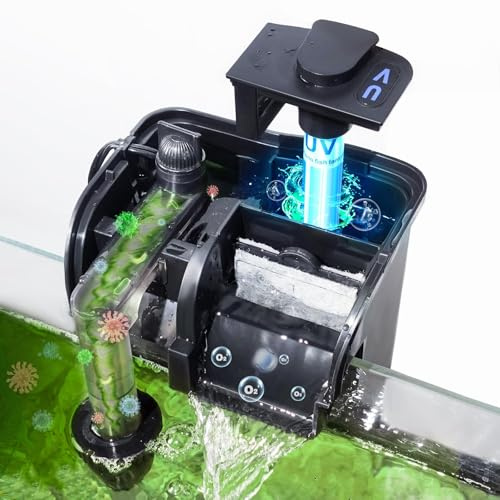 Tararium Rucksackfilter mit U-V Lampe 600L/h für 40-150 Liter Aquarien | Hang on Filter als 4-in-1 Außenfilter mit Oberflächenabsauger für Süß-/Salzwasser