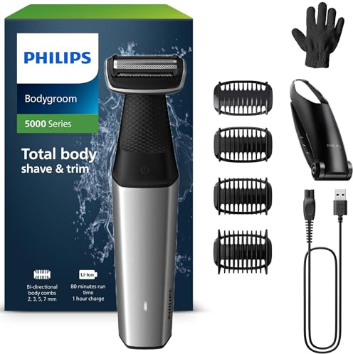 Philips Bodygroom Series 5000, wasserfester Trimmer für Intimbereich und Körper, gründliche und angenehme Rasur, Ganzkörperpflege einschließlich Rücken, 60 Min. Laufzeit, Modell BG5021/16