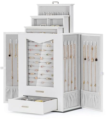 Homde Schmuckkästchen mit echtem Glasfenster Halsketten Haken Schmuckkasten Schmuckschrank für Halsketten Ringe Ohrringe Armbänder, Geschenk für Frauen, Weiß