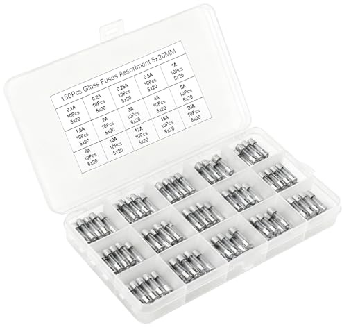 150 Stück Feinsicherungen Sortiment Set 15 Values Glassicherung 0.1 0.2 0.25 0.5 1 1.5 2 3 4 5 8 10 12 15 20A 250V Sicherungen Glasrohrsicherungen Schnellschlag Transparente Aufbewahrungsbox, 5x20mm